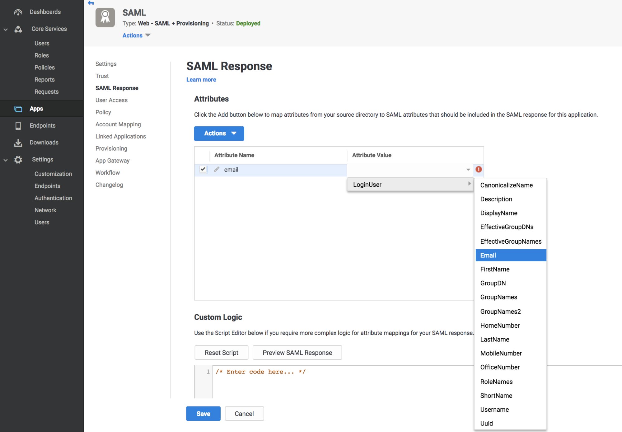 Centrify SAML Response card with Settings Email Attribute selected